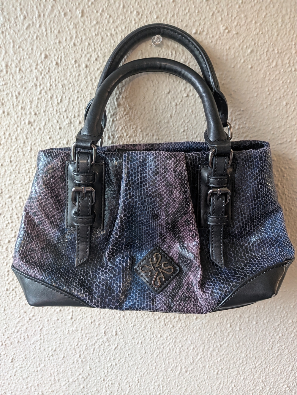 Women's Black & Purple Snake-Texture Satchel with Double Handles